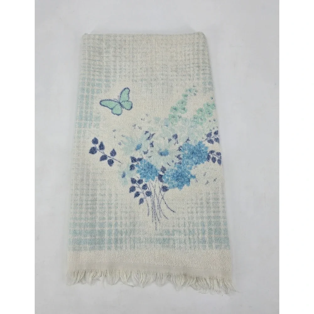 Vintage 1980s Blue Floral Butterfly Bath Towel Fringed Cottagecore USA 37x23